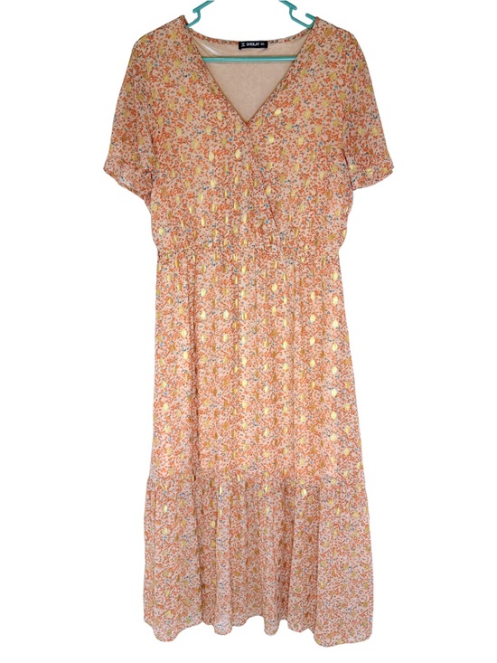 sheilay Dresses & Skirts - Sheilay Peach Floral Maxi Dress with V-Neck and Elastic Waist